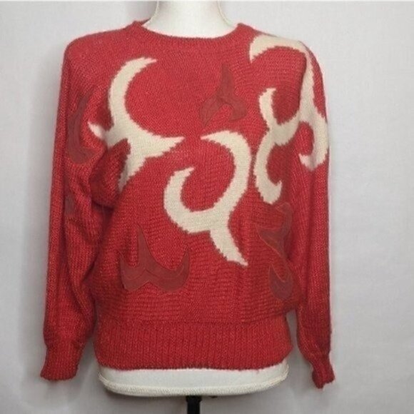 Vintage 80s 90s Ginenne Pullover Sweater Medium Angora Red Suede Crewneck - Picture 1 of 7
